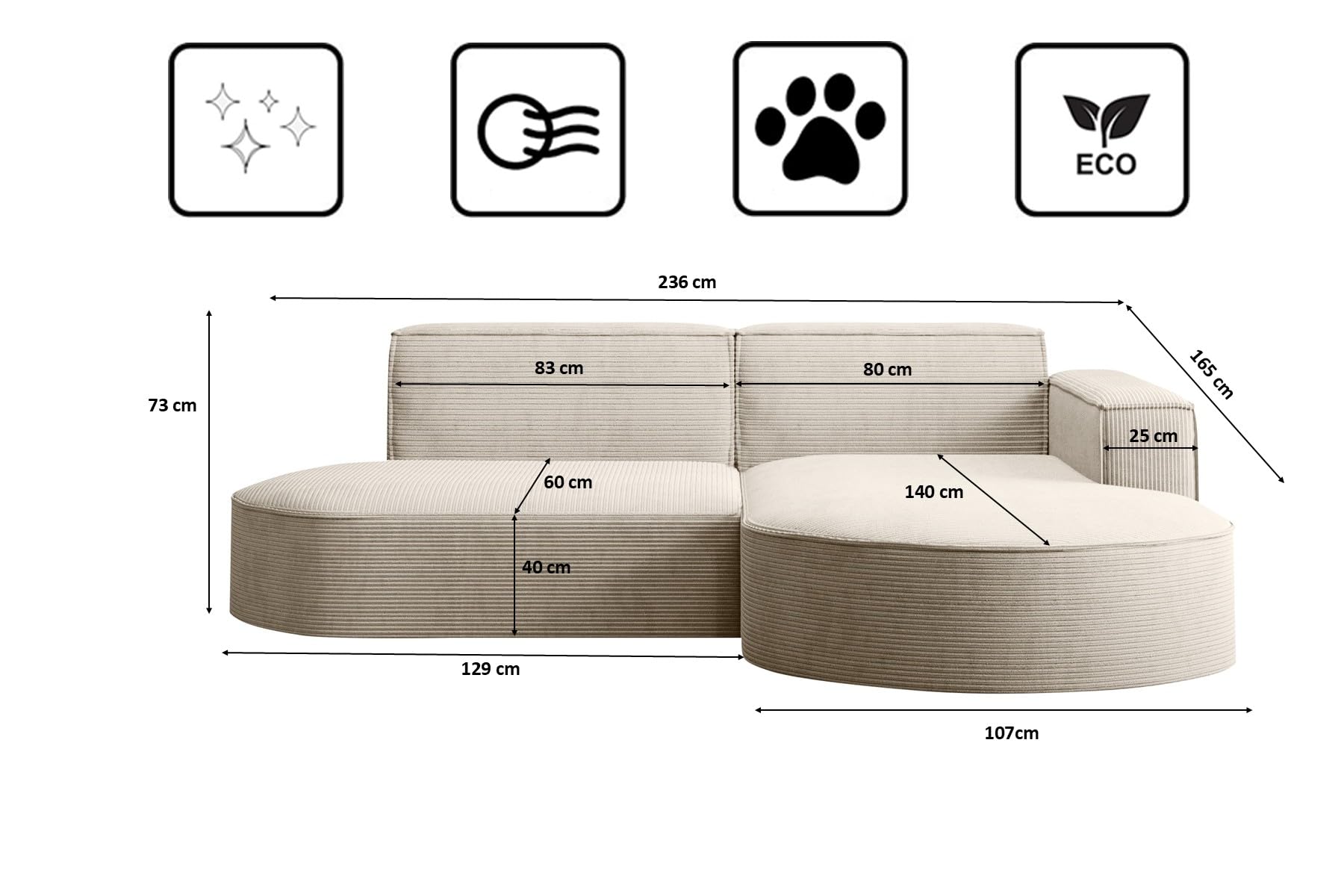 Kaiser Möbel - Ecksofa mit Wohnlandschaft, Eckcouch L-Form, Sofa 3-sitzer, Polstersofa, Bequemes Couch mit Ottomane für Wohnzimmer, Relaxsofa, Stilvolles Cord Sofa, Modena Studio, Beige, Rechts