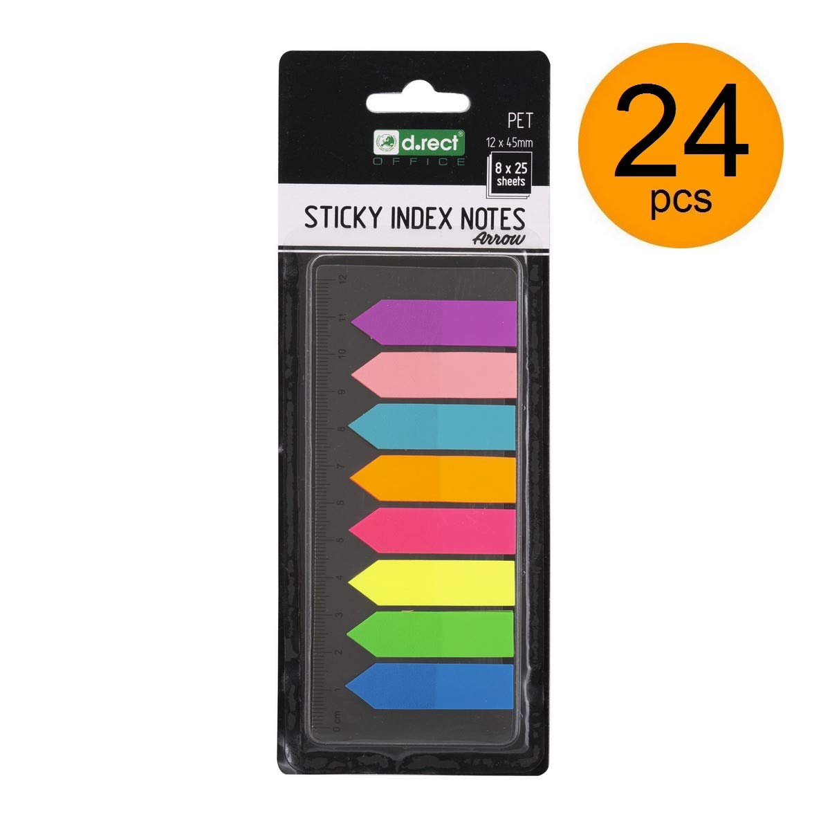 D.RECT 24 pacchetti segnapagina con righello | 8 colori, 12x45mm, 8x25 fogli | Forma di freccia | Strisce adesive Notes Index