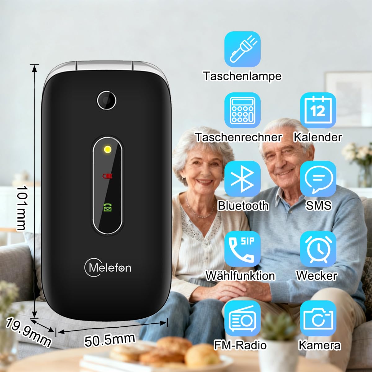 4G-Seniorenhandy – Klapphandy ohne Vertrag mit großem 2,4-Zoll-Farbdisplay, großen Tasten, SOS-Taste, Direktwahltasten M1/M2 | USB-C-Ladestation, UKW-Radio, 1350-mAh-Akku