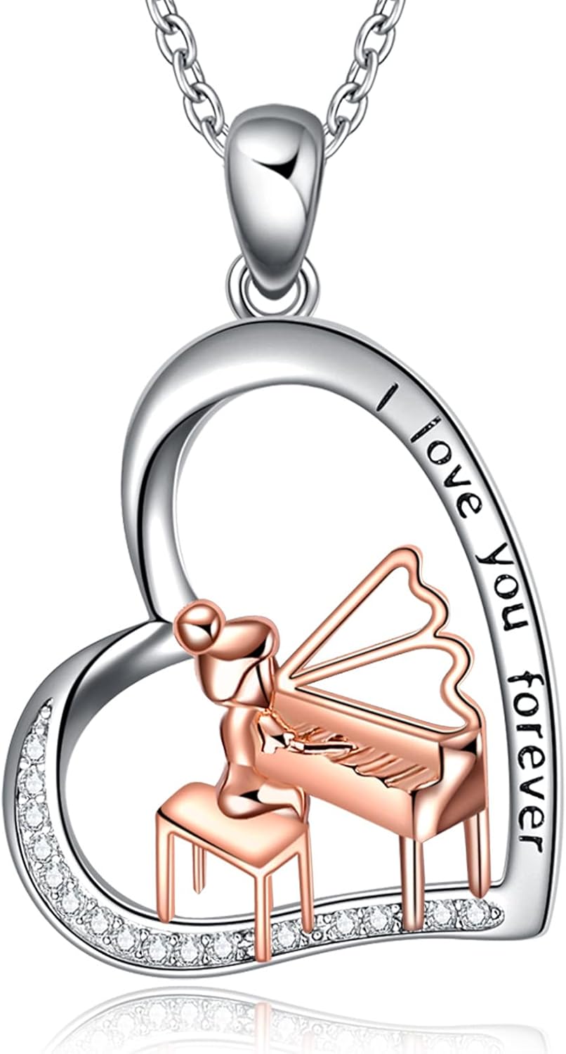 CRMAD Piano/Harp/Violin/Guitar Necklace Sterling Silver Love Heart Music Gifts for Women Sister Musicians Players