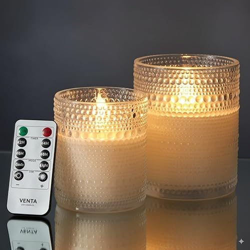 VENTA Velas sin llama realistas, juego de 2 en vidrio punteado blanco con control remoto y temporizador, lámpara de mesa decorativa