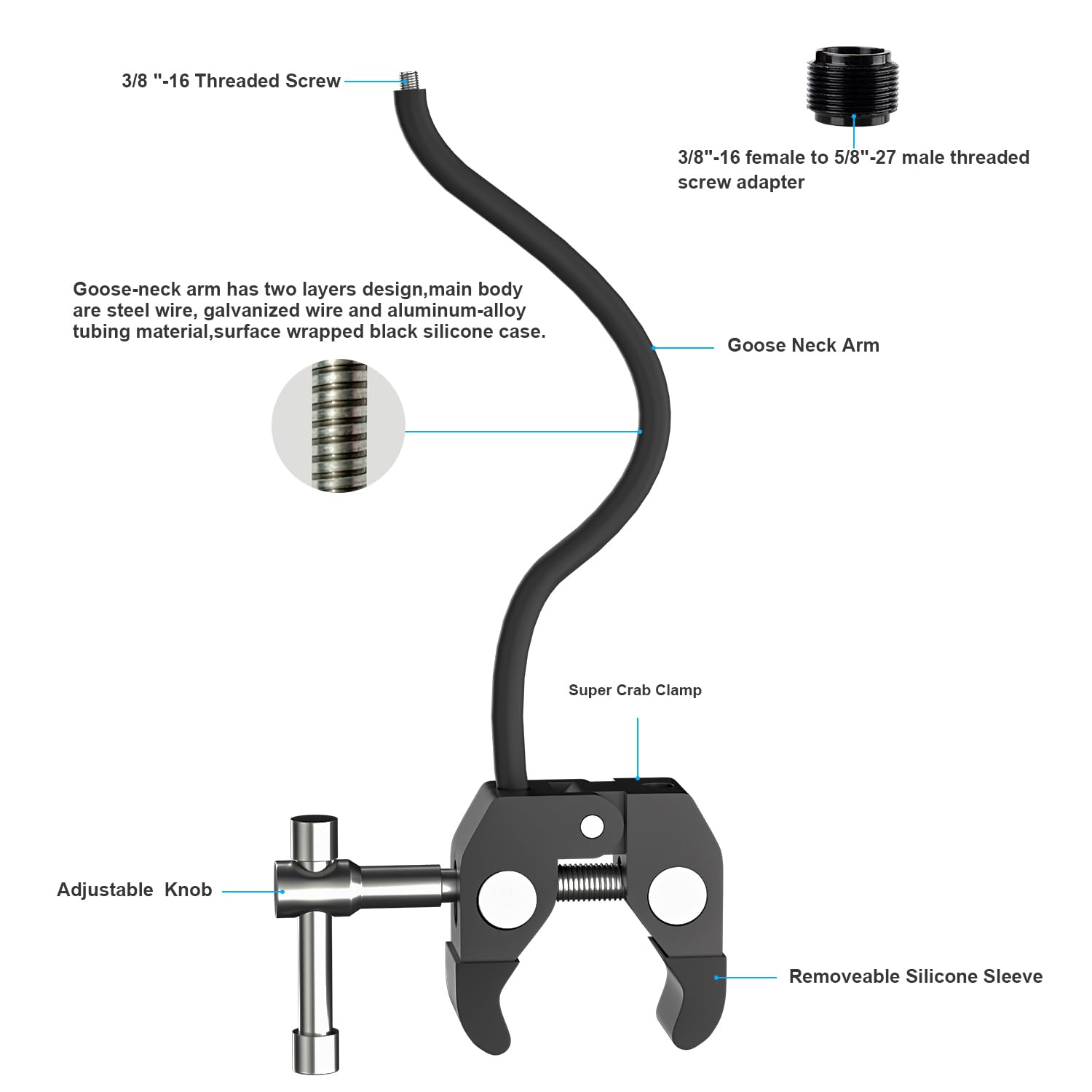 Mippko Soporte de micrófono de cuello de cisne, brazo ajustable flexible de 19.7 pulgadas, clip de micrófono de 3/8 a 16 a 5/8 pulgadas-27, compatible con Shure/Fifine / AT2020 / Pyle/Blue
