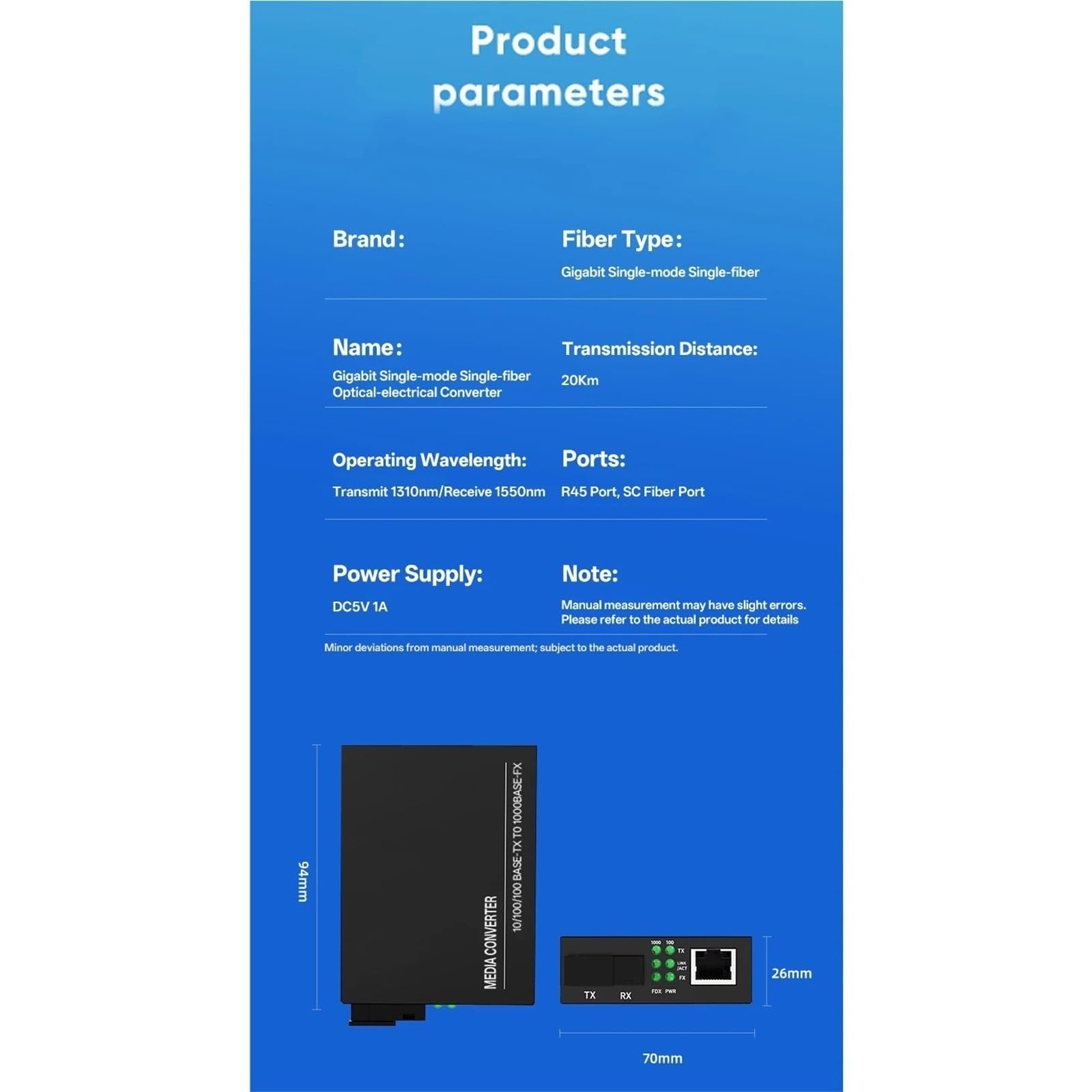 Convertisseur de média Convertisseur de média SC à fibre unique 10/100/1 000 Mbps Base-TX vers 1000BASE-FX, paire A/B, alimentation externe(1000Mbps EU 20KM)