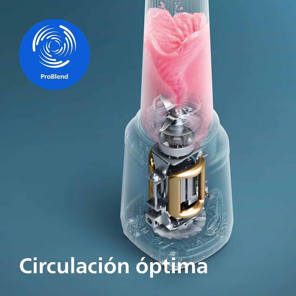 Philips Blend & Go Serie 3000 - Batidora Mini Smoothie, 350W, Vaso de 0,6L, Cuchillas Desmontables de 4 Estrellas, 2 Velocidades, Apta para Lavavajillas, Tecnología ProBlend, Plateada (HR2671/00)
