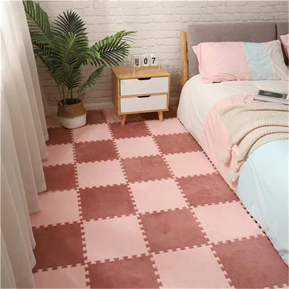 Pluszowy dywan z blokującymi się puzzlami z pianki Eva, maty do układania puzzli na podłogę do dekoracji sypialni w salonie(Light pink-W red)