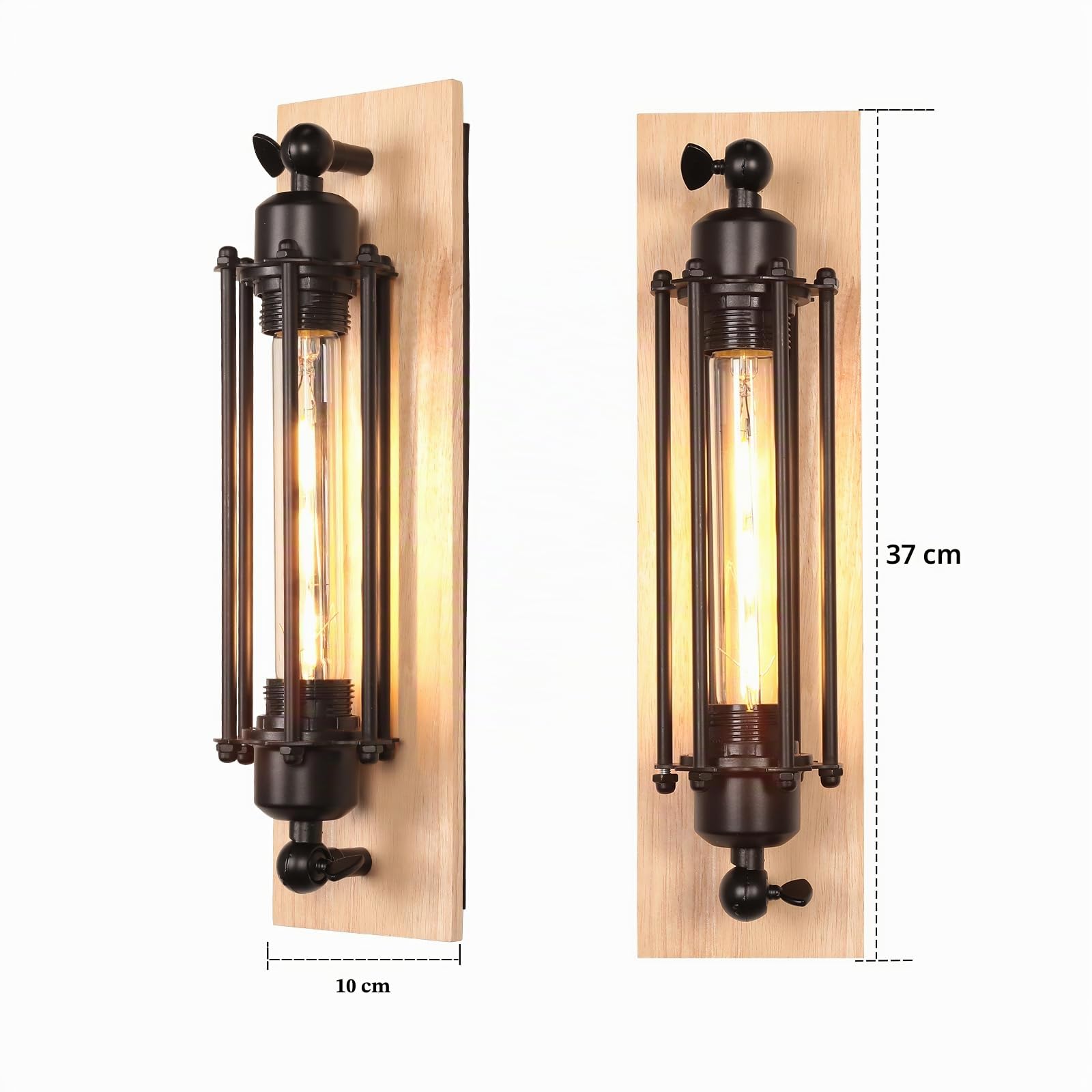 2 Stück Wandleuchte Innen Industrielle Wandleuchten Schwarz E27 Vintage Wandlampe 37cm aus Metall und Holz Wandlicht Design für Schlafzimmer Wohnzimmer Treppen Esszimmer