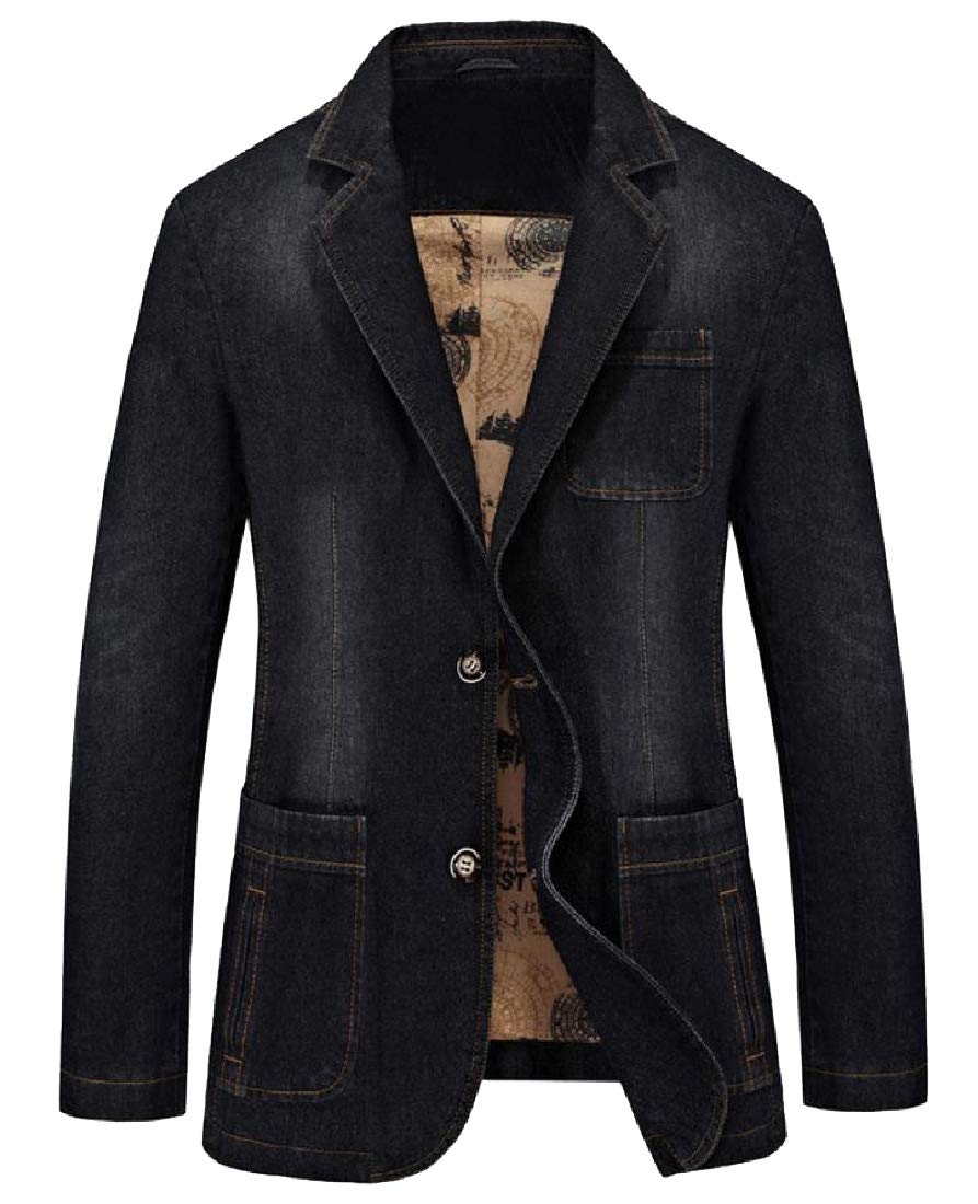 Men's Fall Winter Regular Fit 2 Button Textured Denim Blazer Black 2XL