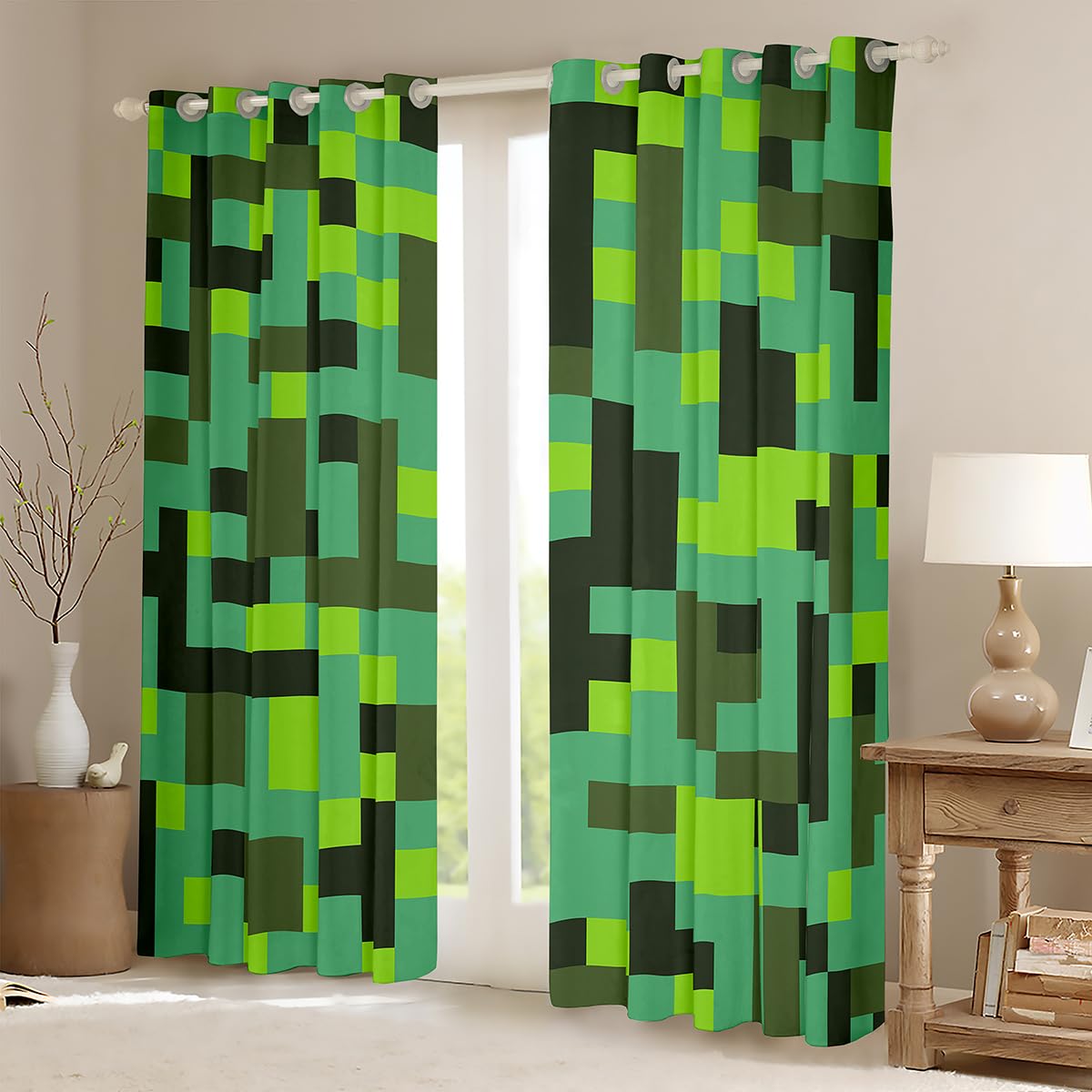 Manfei Pixel Grid Miners Blackout Curtains,Geometric Grid Patchwork Pixelated Window Drapes,Cartoon Gamepad Video Games Nursery Bedroom Playroom Decor,Cyan Green 2 Panels,46Wx54L inch - Image 3