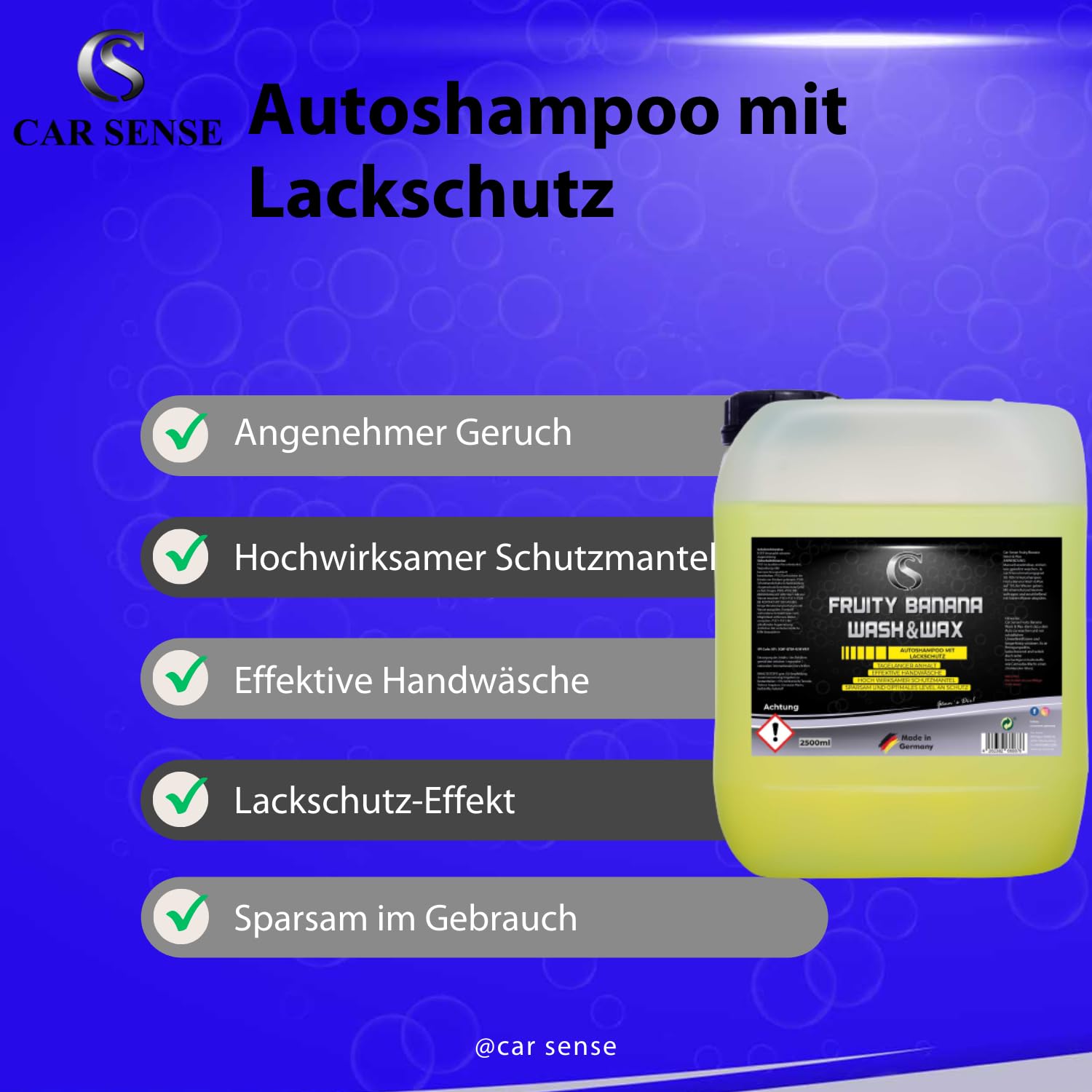 Car Sense Wash & Wax Autoshampoo mit Lackschutz [2500ml] Fruity Banana - Effektive Handwäsche für tagelangen Glanz - Autoreiniger, Autowaschmittel, Auto Waschen, Car Wash
