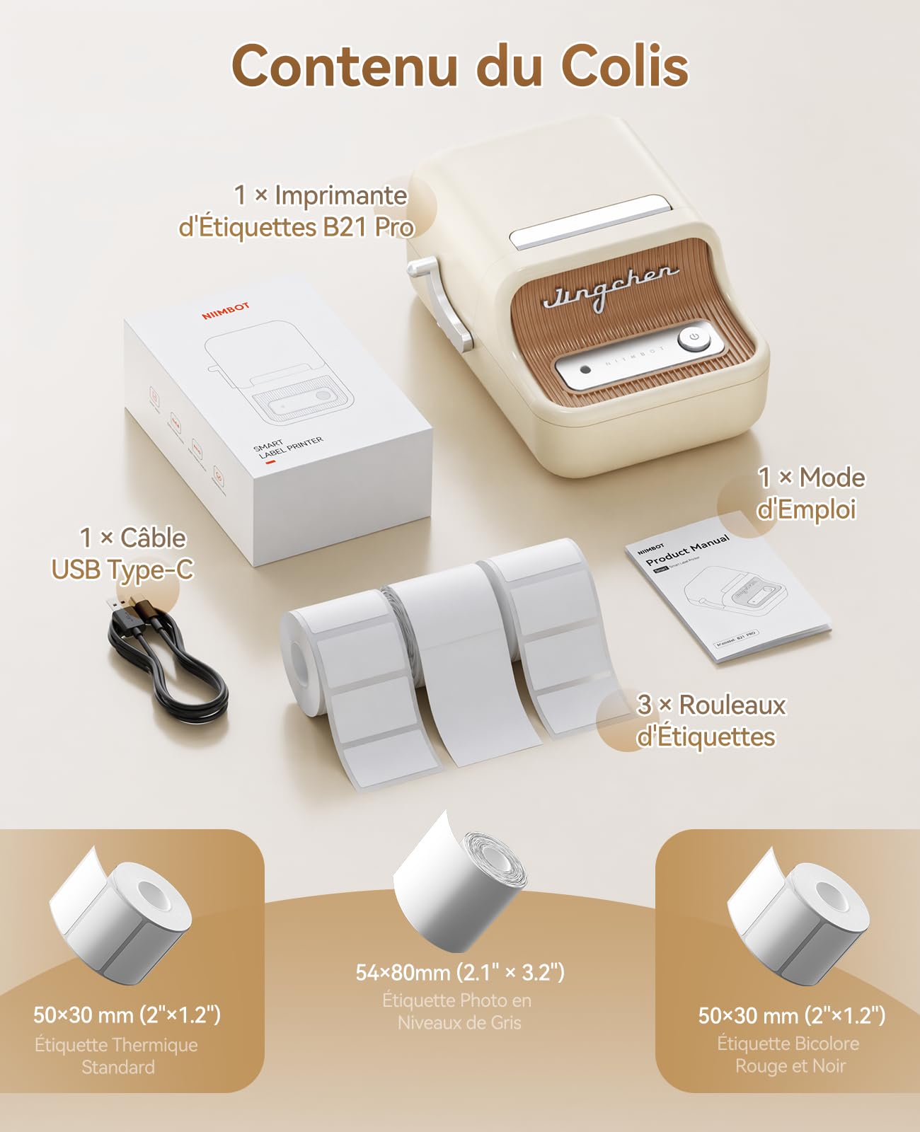 NIIMBOT B21 Pro Pack Économique 3 Rouleaux d’Étiquettes, 300 DPI, Blanc