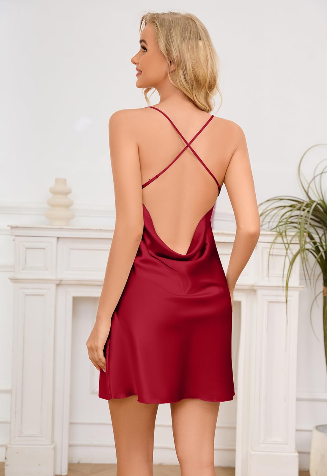 Brezzistaxs 2 Set Satin Nightgowns for Women Satin Spaghetti Strap Dress Cowl Neck Silk Dress - 2 Pack Silk Nightgowns: Large Black & Red