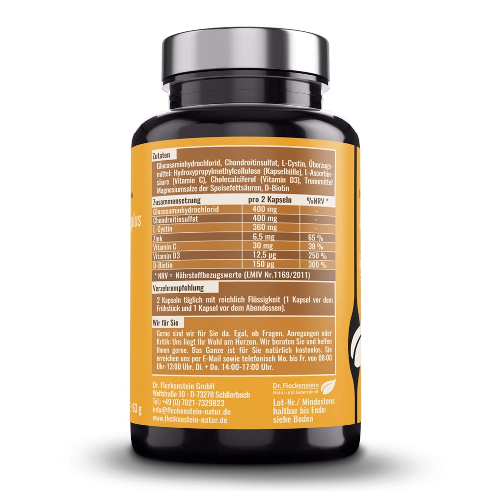 Dr.Fleckenstein Arthrobel super plus, Chondroitin & Glucosamin Kapseln plus L-Cystin (Cystein), Nahrungsergänzungsmittel mit den Vitaminen C und D3, Zink und Biotin.