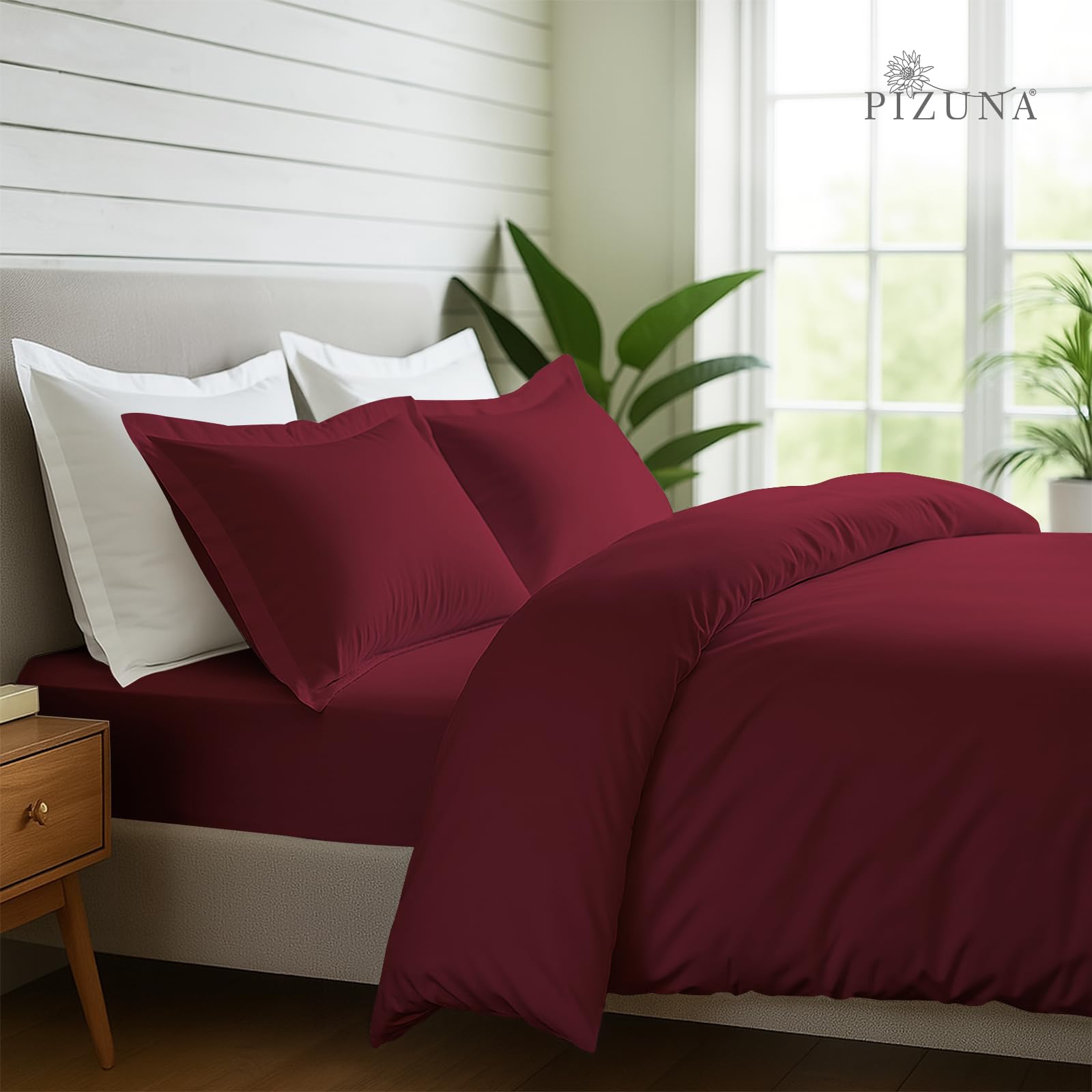 Pizuna Pure Combed Cotton Superking Bedding Set, 600 Thread Count 100% Long Staple Cotton, Soft Sateen Duvet Cover with 2 Pillow Cases & 40 cm Deep Fitted Sheet - Rio Red, Superking