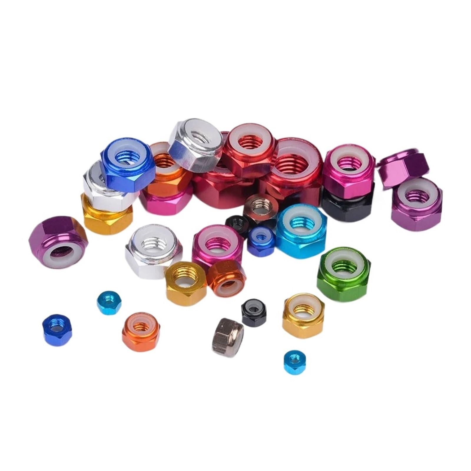 100 Uds M2 M2.5 M3 M4 M5 M6 M8 tuerca hexagonal Nylock de aluminio anodizado negro rojo verde azul tuercas autoblocantes hexagonales de nailon(Skyblue,M5 (100pcs))