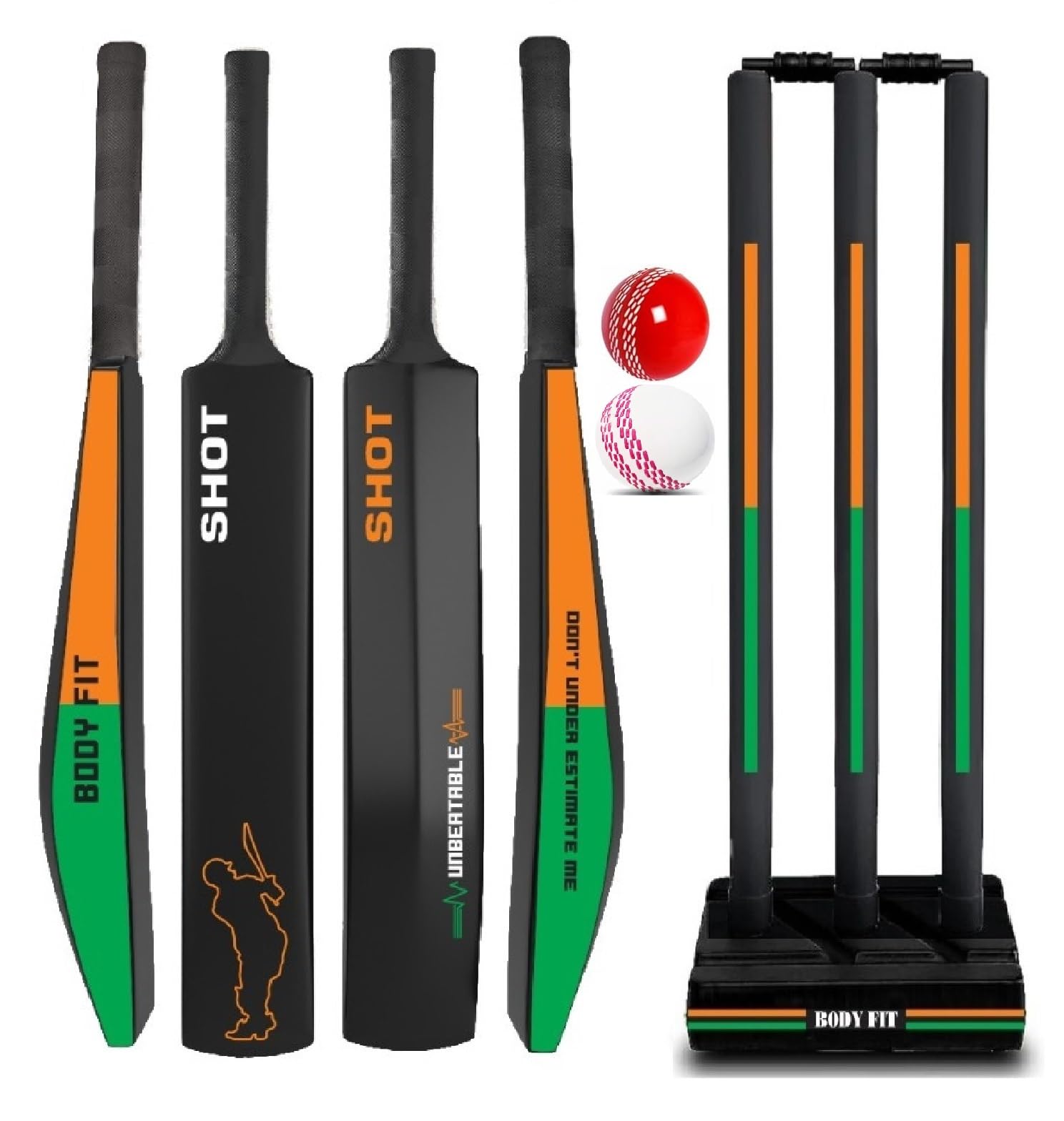 Bodyfit Heavy Duty Plastic Premium Cricket Kit Set | Lightweight| Full Size| | Hard Plastic Bat| Premium Cricket Wicket Set l 3 Stumps+2 Bails+1 Stand Set, 2 Balls, Ultimate Style,Shot OraG. | Complete Cricket Set, Plastic Stumps Included, 2 Balls-picture-22