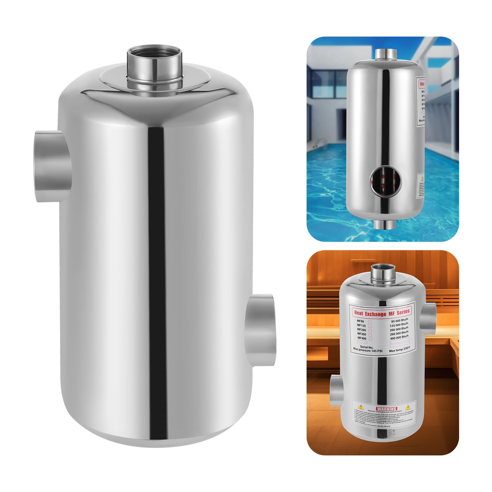 Intercambiador de calor para piscina, intercambiador de calor de acero inoxidable, 60 kW, flujo de agua de 250 l/min en la piscina, saludable e higiénico, para piscinas, spas, jacuzzis