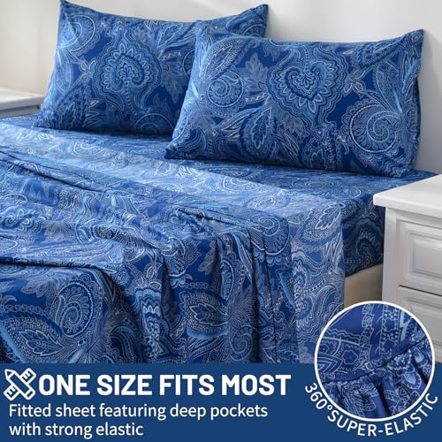 Bedlifes King Size Extra Deep Pocket Sheet Sets - Fits Mattresses Up to 18-24" Thick, 4-Piece Microfiber Set with 1800 Thread Count, Soft, Smooth, Breathable, Featuring Paisley Dark Navy Blue