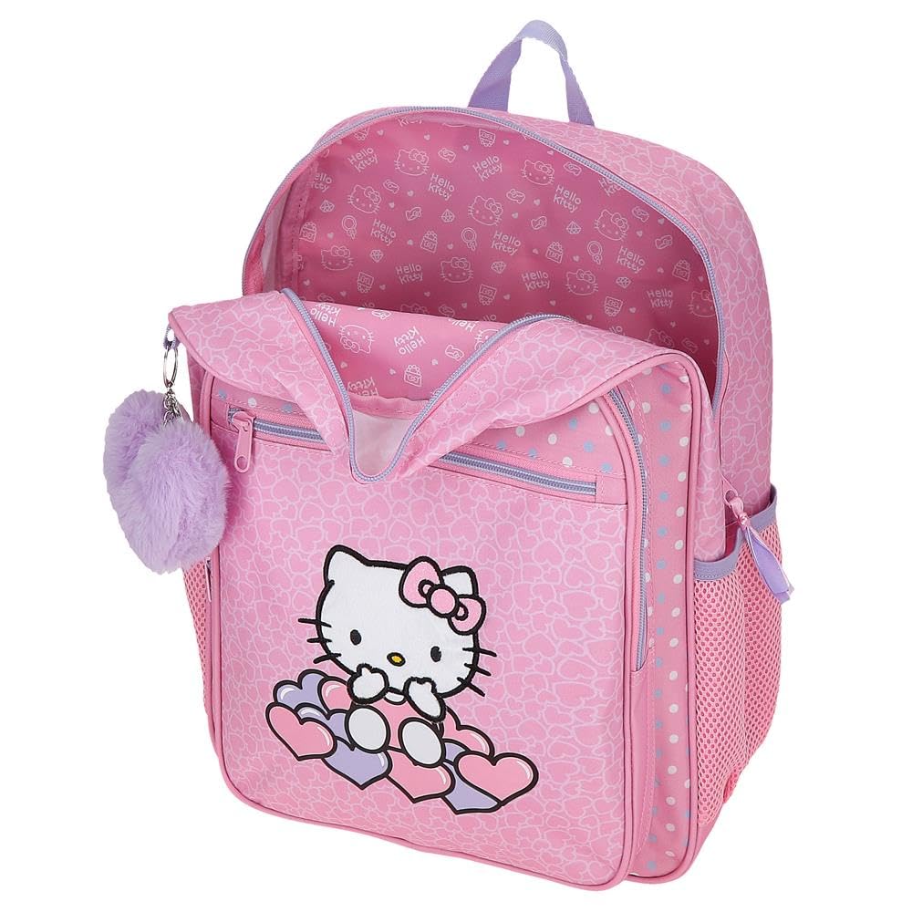 Hello Kitty Hearts & Dots, mochila escolar, mochila infantil rosa, fabricada en Poliéster, Compartimento principal con bolsillo interior, Tirantes anchos, ergonómicos y acolchados