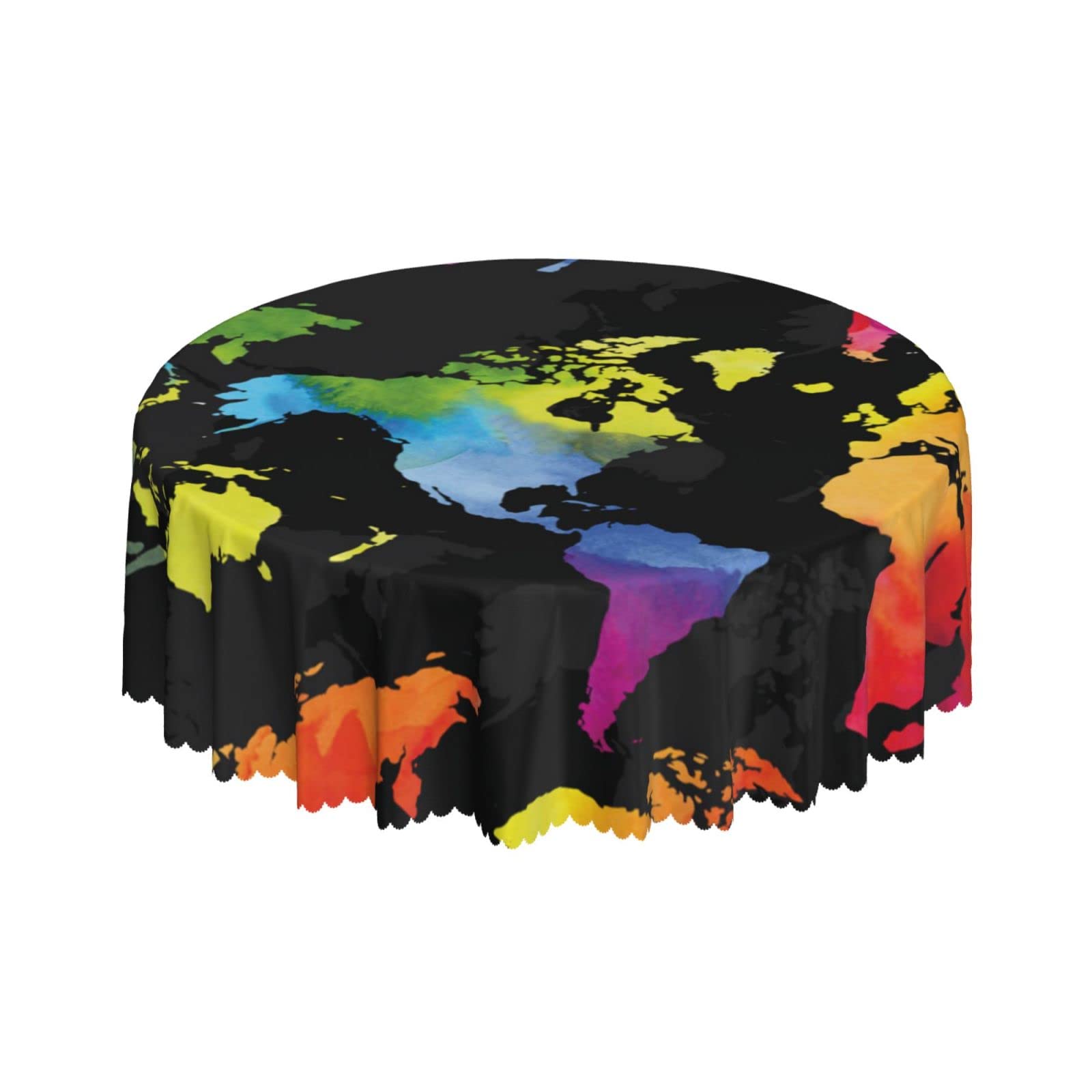 Lsjuee Colored World Map Black Round Tablecloth 60 Inch Printed Washable Tablecloth for Dining Party Holiday Fall Home Decorative