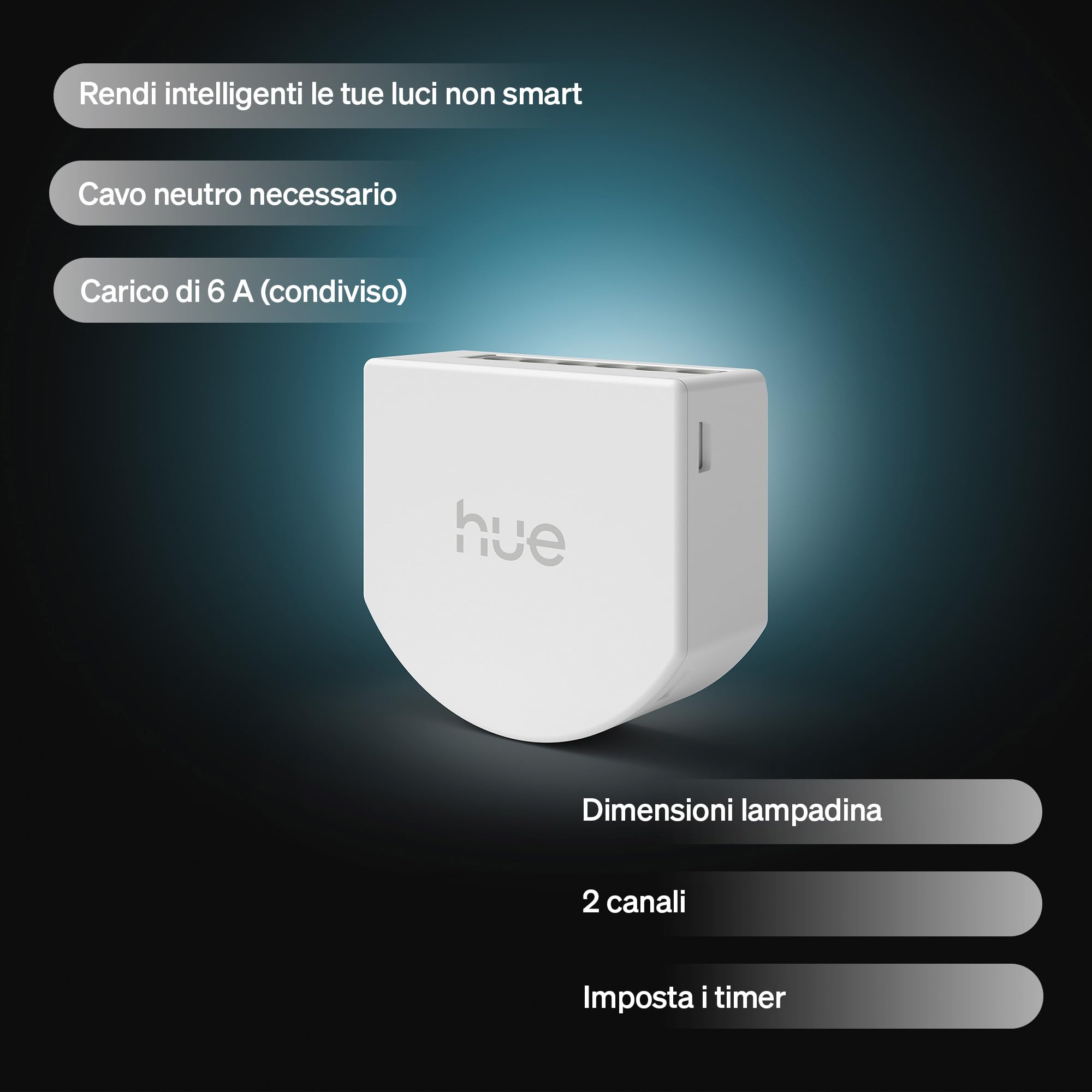 Philips Hue Interruttore On/Off Con cavo, 1 Pezzo, 2 Canale, per luci non smart, Timer e Programmazioni, Connessione Affidabile, App, Comandi vocali, Funziona con Apple Home, Google Home, Alexa