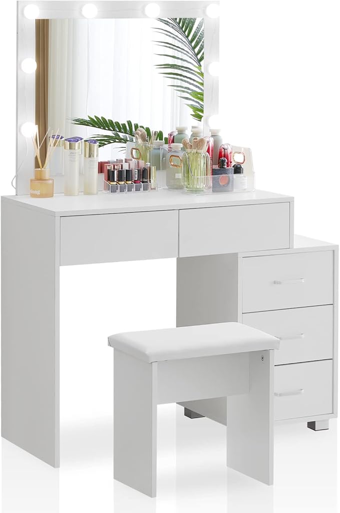TUKAILAi Large White Dressing Table with Led Light Mirror and Cushioned