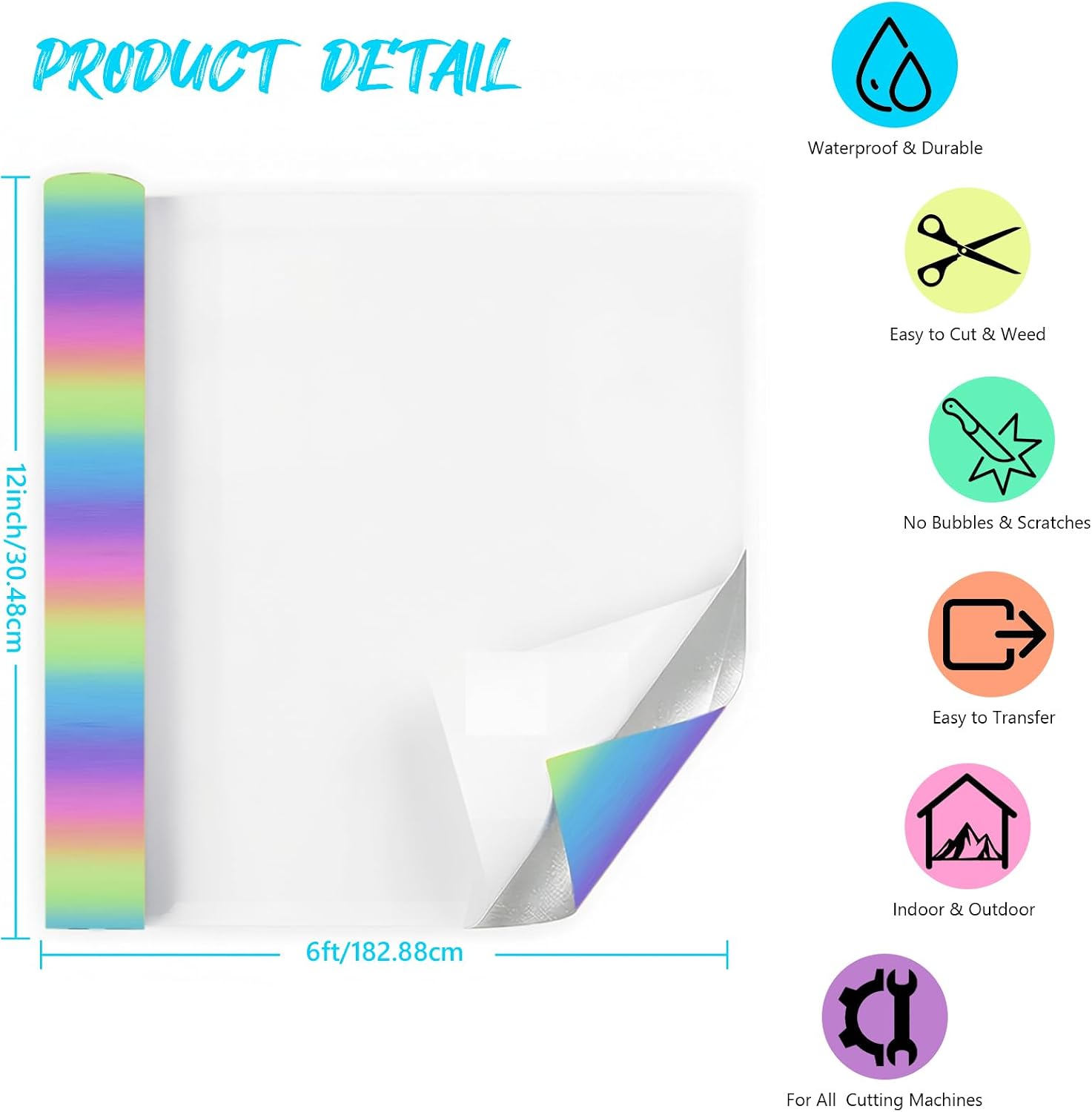 Rainbow Permanent Adhesive Vinyl Roll, 12" x 6FT Gradient Craft Vinyl for Home Decor, Tumblers, Mugs, Car Decals & DIY Crafts