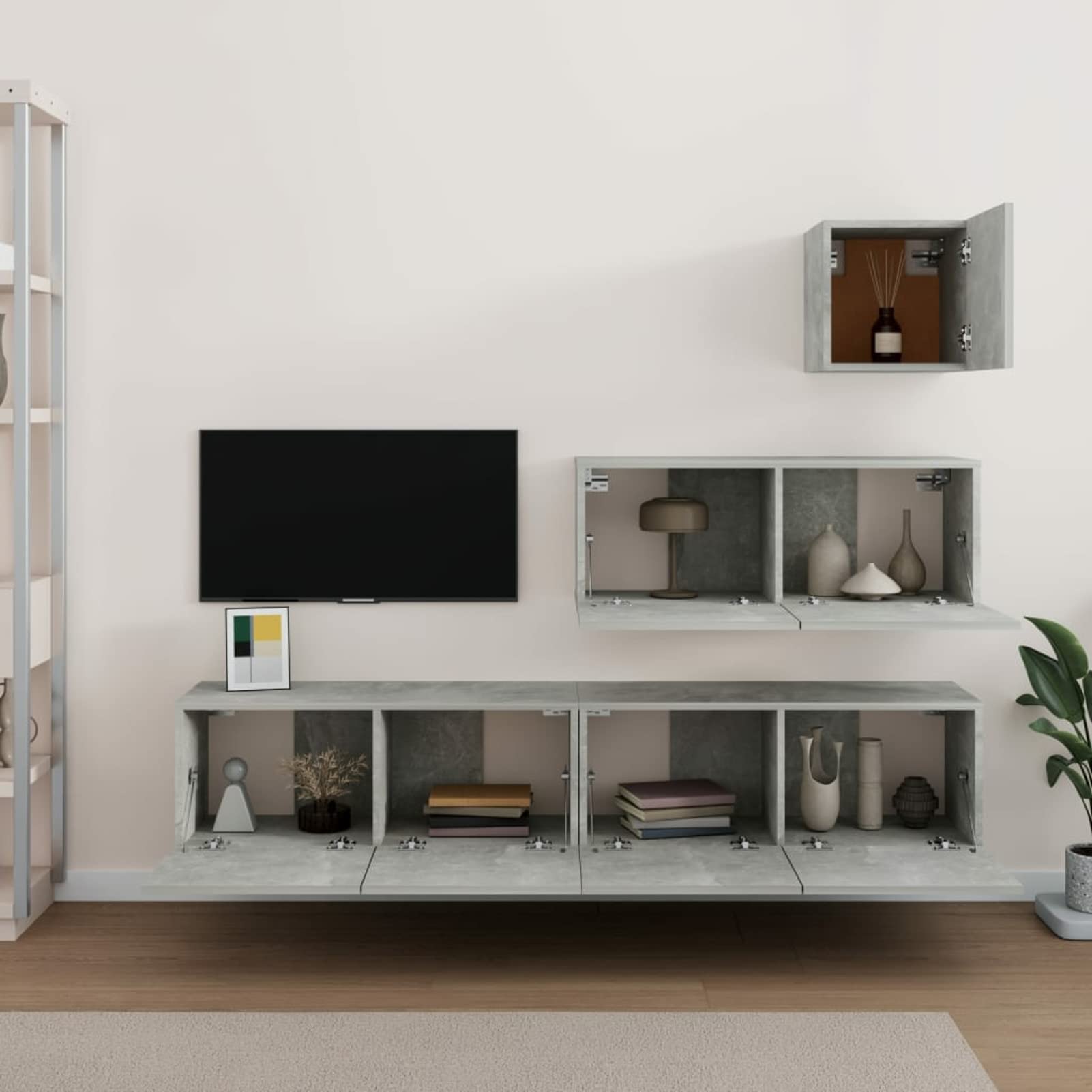 Festnight 4pz Set Mobili Porta TV, Mobile TV Sospeso, Mobile Soggiorno Moderno, Parete Attrezzata Soggiorno, in Legno Multistrato Grigio Cemento