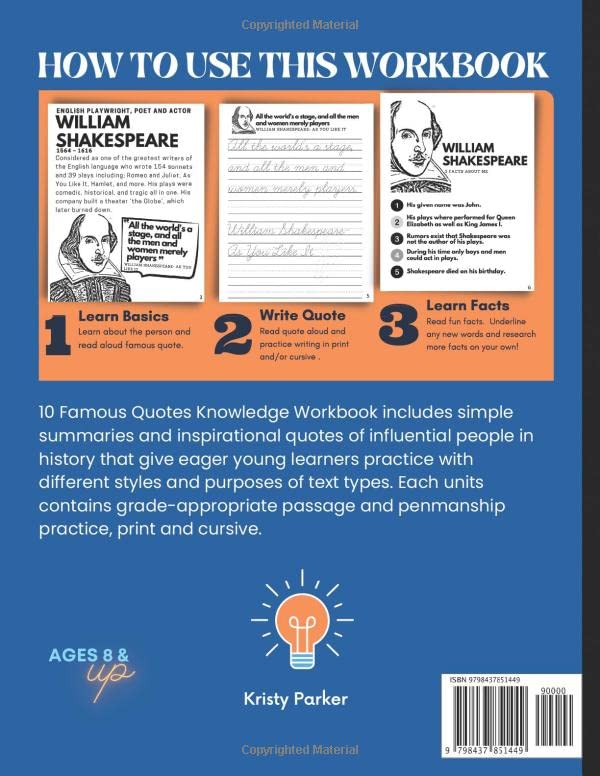 10 Famous Quotes by Notable Authors- Knowledge Workbook: Learn about influential people in history through reading, handwriting, and oratory practice ... facts, practice tracing then reciting.) - Image 2