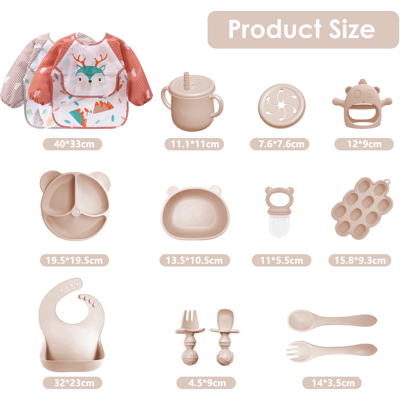 14 pièces Coffret Repas Bebe Silicone, Assiette bebe Set avec Ventouse Assiette Bol Fourche Cuillère Bavoir et Tasse, Enfant Set Couverts Vaisselle Pour Sevrage Manger (Beige)