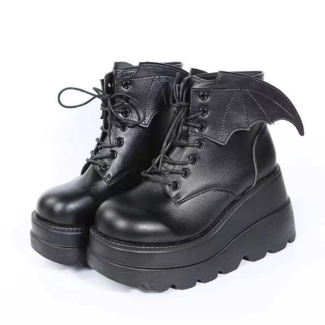 Ulalaza Dark Bat Wing Ankle Boots for Women Wedge Chunky with