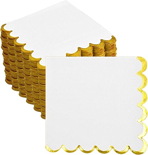 Paquete de 200 servilletas de papel blanco y dorado festoneadas servilletas de cóctel desechables blancas para cumpleaños, baby shower, suministros