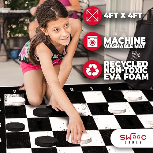 Miniatura 4 de SWOOC Juegos - Juego gigante de ajedrez, damas y ajedrez 3 en 1 con alfombrilla (4 x 4 pies), lona lavable a máquina y discos de espuma grandes de 5