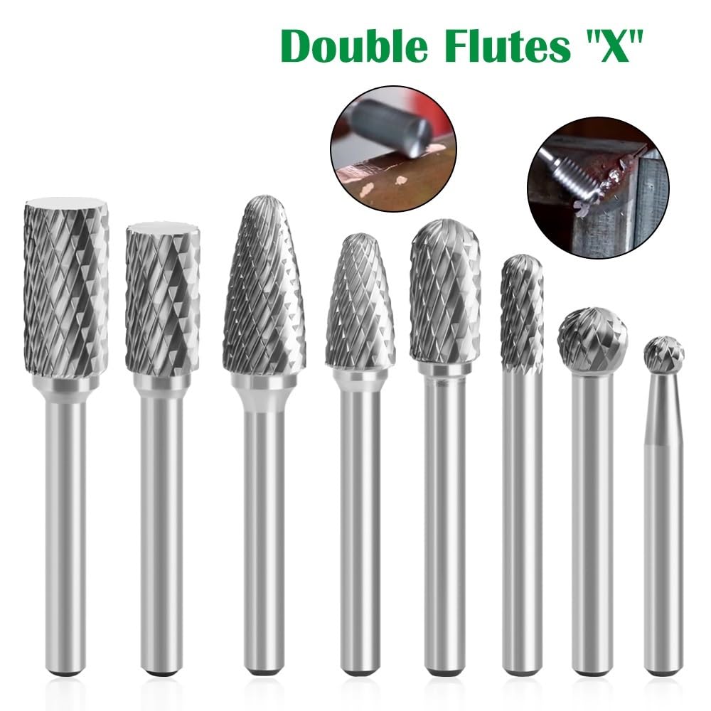 8PCセット タングステン鋼グラインダー カーバイドロータリーファイル エンドミルカッター 木工 金属研削 彫刻 ダブル溝