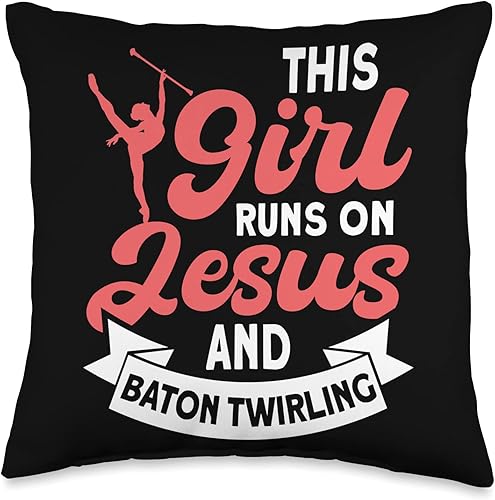 Baton Twirler Majorettes Baton Twirling Girl Gifts This Girl Runs on Jesus and Baton Twirling Throw Pillow 16x16 Multicolor