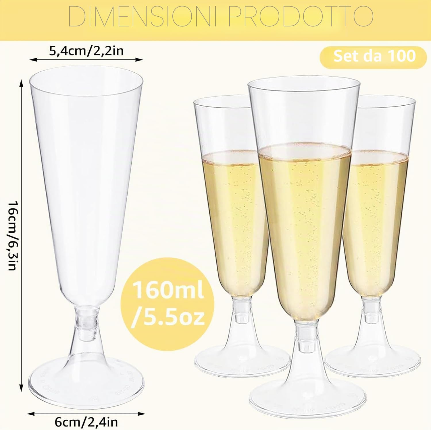 AKOLAFE 100 Flute da champagne in plastica, 160 ml (158.8 g) bicchieri da champagne in plastica riutilizzabili di alta qualità, feste, matrimoni