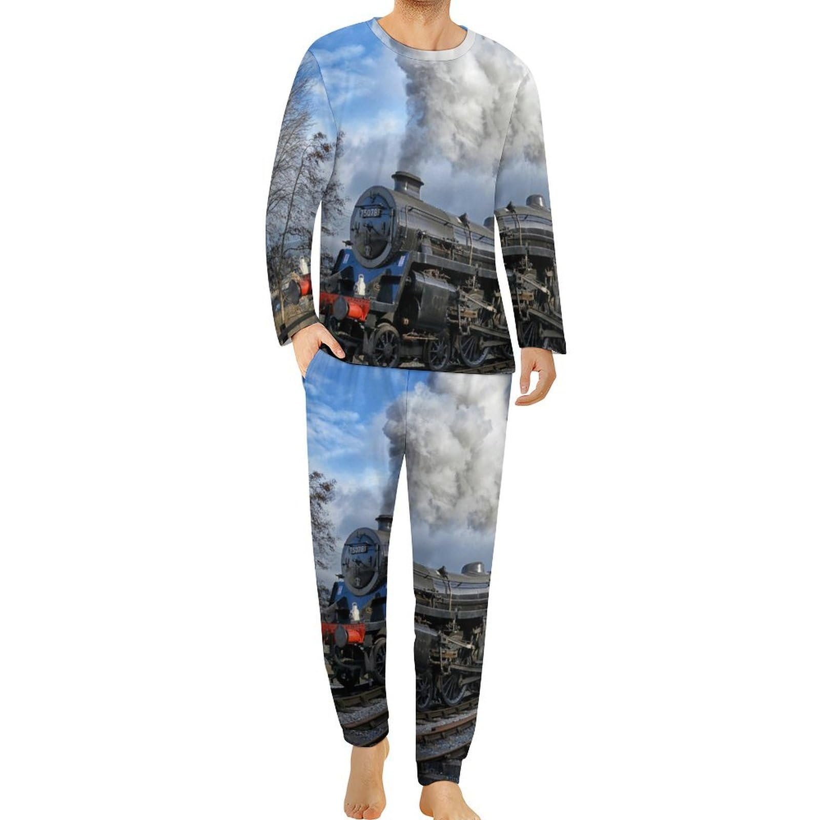 Qjjinxior Men's Crew Neck Pyjamas Set, Railway Steam Train Pyjamas for Men, Men's Pajamas with Pockets