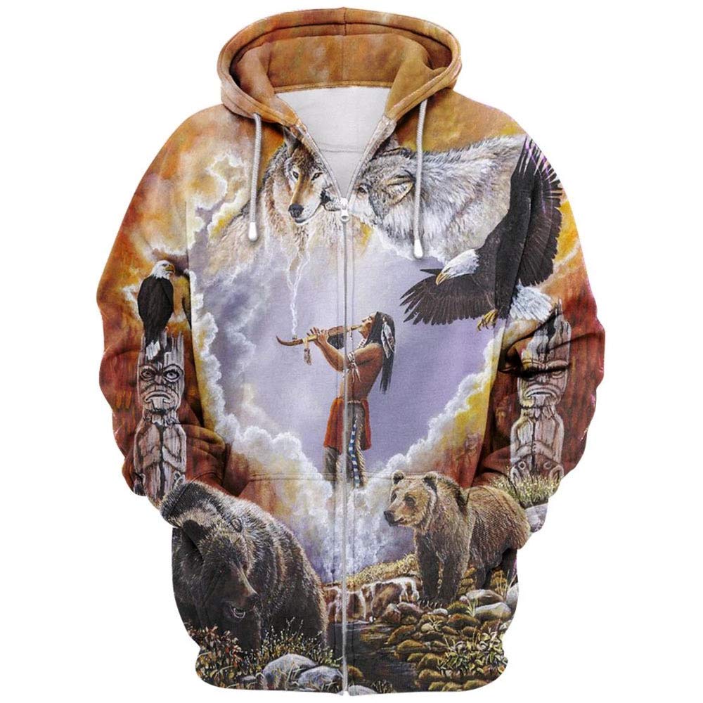 oneforusMen's Hoodie 3D Print Native American Indian Sweatshirts Ethnic  Totem Patterns Zip Sweatshirt