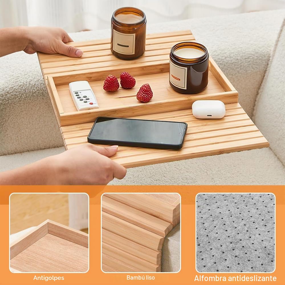 Bandeja para apoyabrazos de sofá Lighterday, bandeja de bambú plegable para sofá, bandeja antideslizante para apoyabrazos de sofá, bandeja para sillón para snacks, teléfono, bebidas y tazas