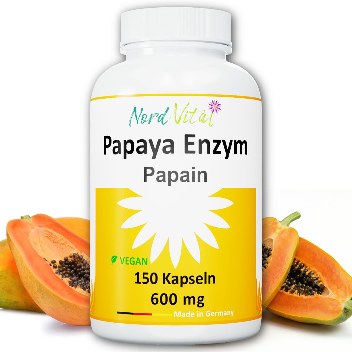 Papaya Enzym Papain - 150 Kapseln - ULTRA-HOCH PAPAIN-ENZYMAKTIVITÄT - Vegan - natürliches Enzym aus Papaya-Extrakt - deutsche Produktion