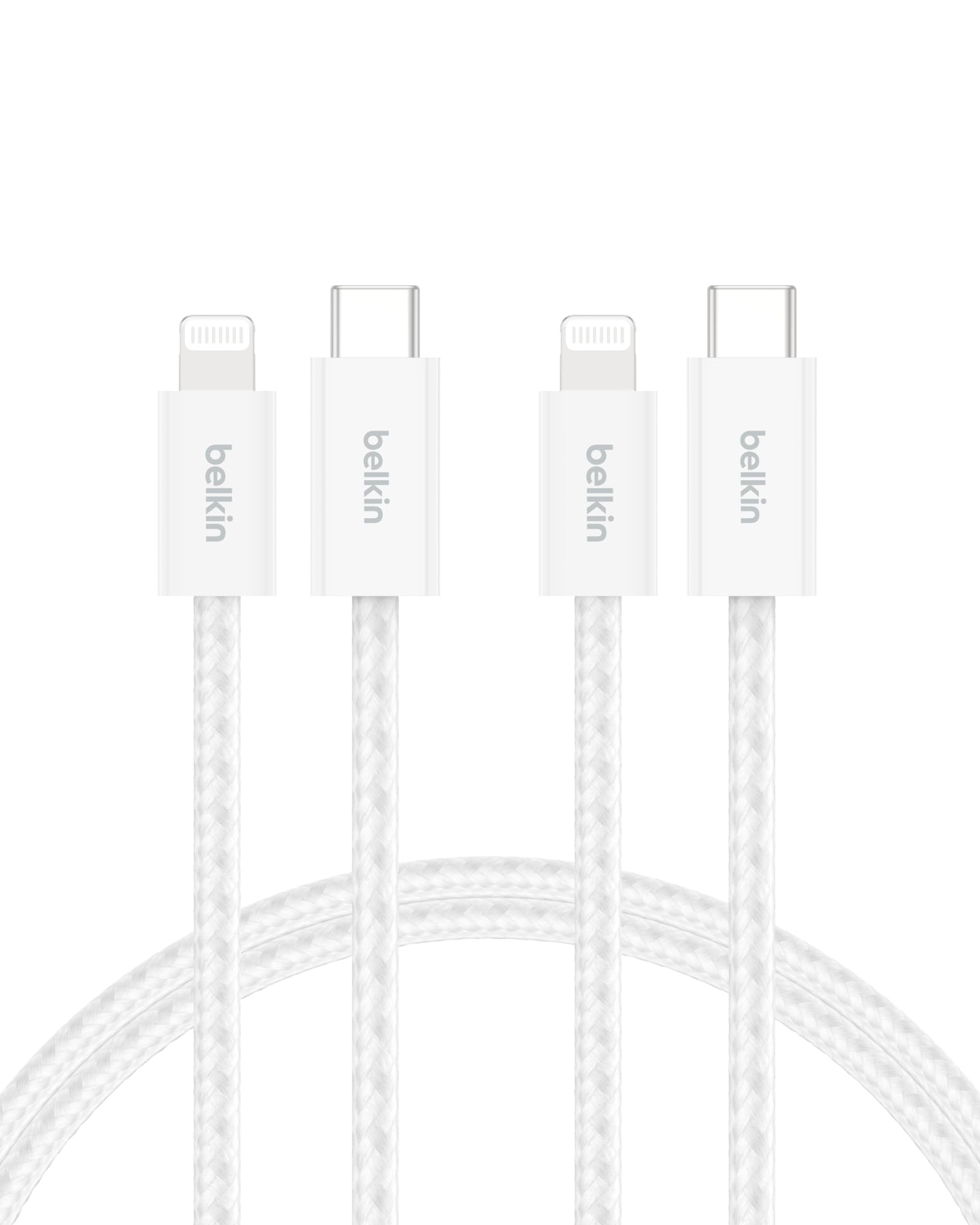 Belkin 2er-Pack geflochtenes USB-C Ladekabel mit Lightning Connector 1,5 m, biegsames, flexibles Schnellladekabel, Lightning kabel für iPhone 14 und ältere Modelle, iPad 9. Gen. und AirPods – Weiß