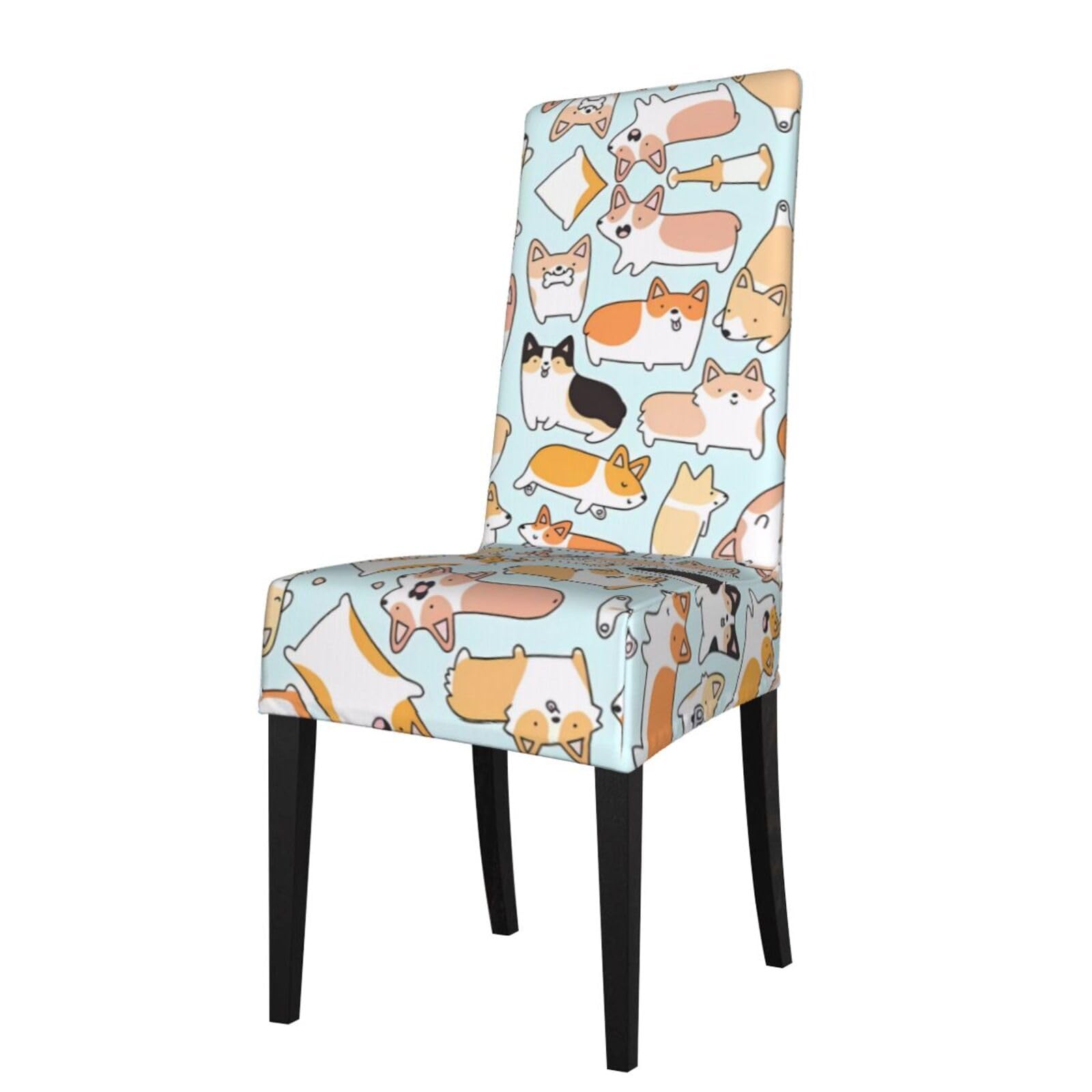HJFCZH Corgi Pattern Prints Dining Chair Throw Covers – Stretchable Polyester-Spandex Fabric for Elegant Home & Event Decor - Universal Fit & Easy Care