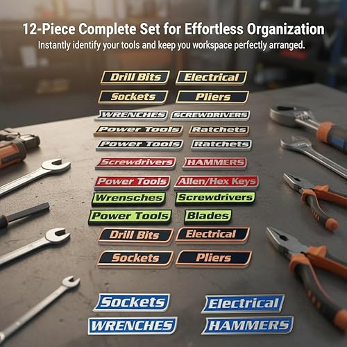 Miniatura 2 de Paquete de 12 etiquetas magnéticas para caja de herramientas, 122436 unidades, etiquetas de metal duraderas para cajón, etiquetas magnéticas fuertes
