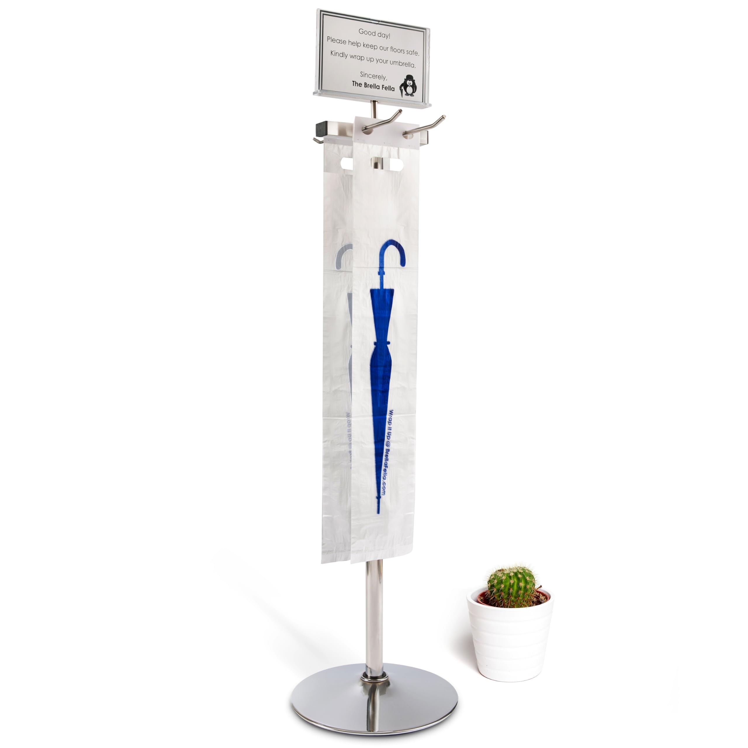Brella Fella Wet Umbrella Bag Wrapper Stand Station Solution with Sign Frame - Be Safe, Wrap it up! - BONUS 100 Long Bags Included