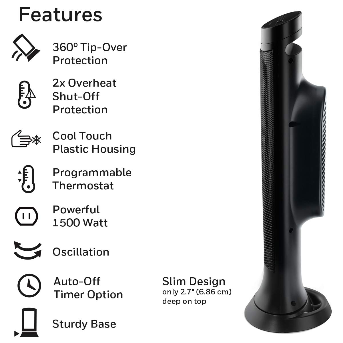 Honeywell HCE317BC Slim Ceramic Tower Electric Space Heater for Bedroom,  Office, Home, Oscillates, 2 Heat Settings, Portable, 2-8H timer, Quiet,  1500W/750W, Overheat u0026 Tip-Over protection, Black : Amazon.ca: Home