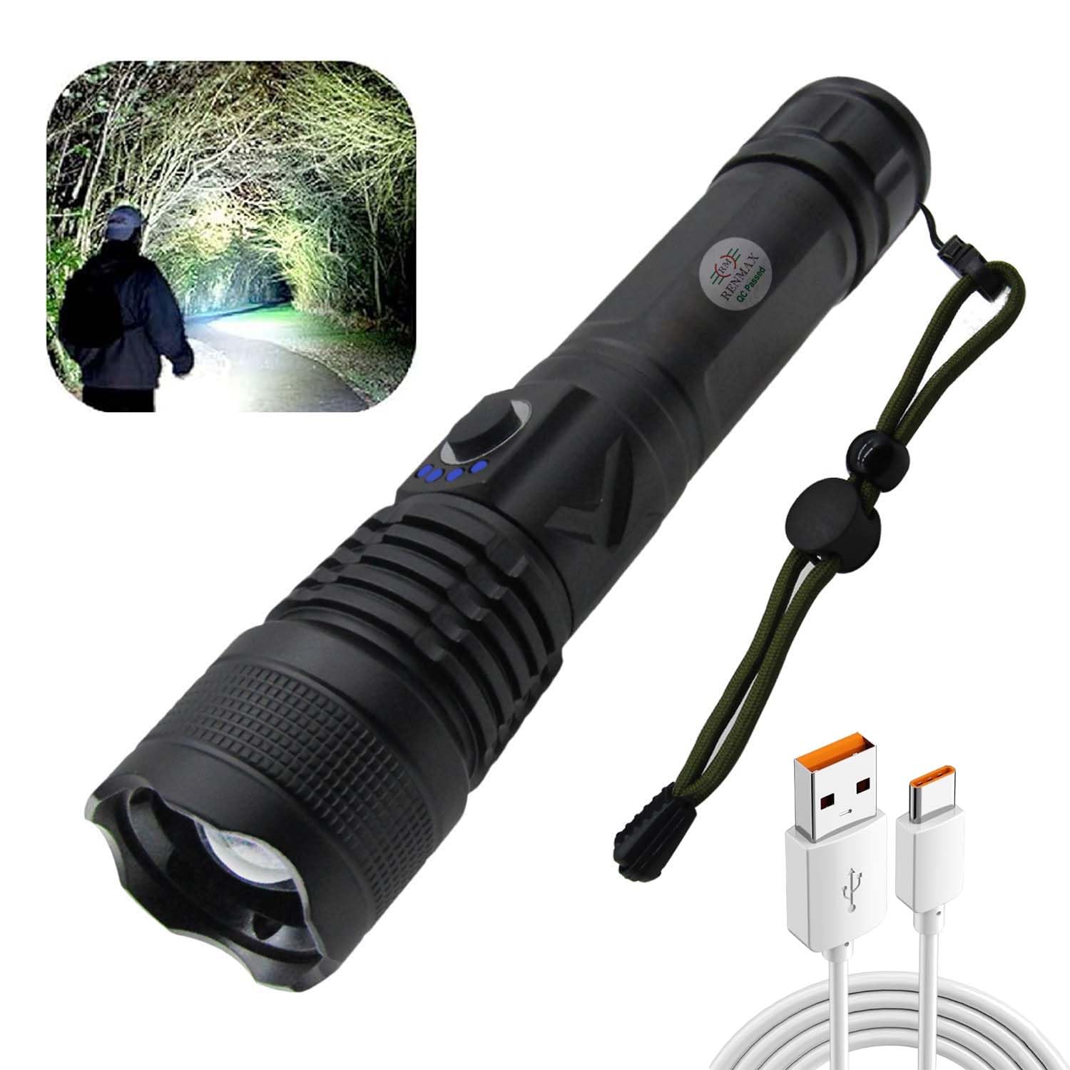 High Bright Zoomable Torch Tactical Flashlight | 5-Lighting Modes | Rechargeable | for Emergency, Outdoor, Home, Camping, Hiking| Rainproof Metal Body -1 Pc (18 Cm Black)