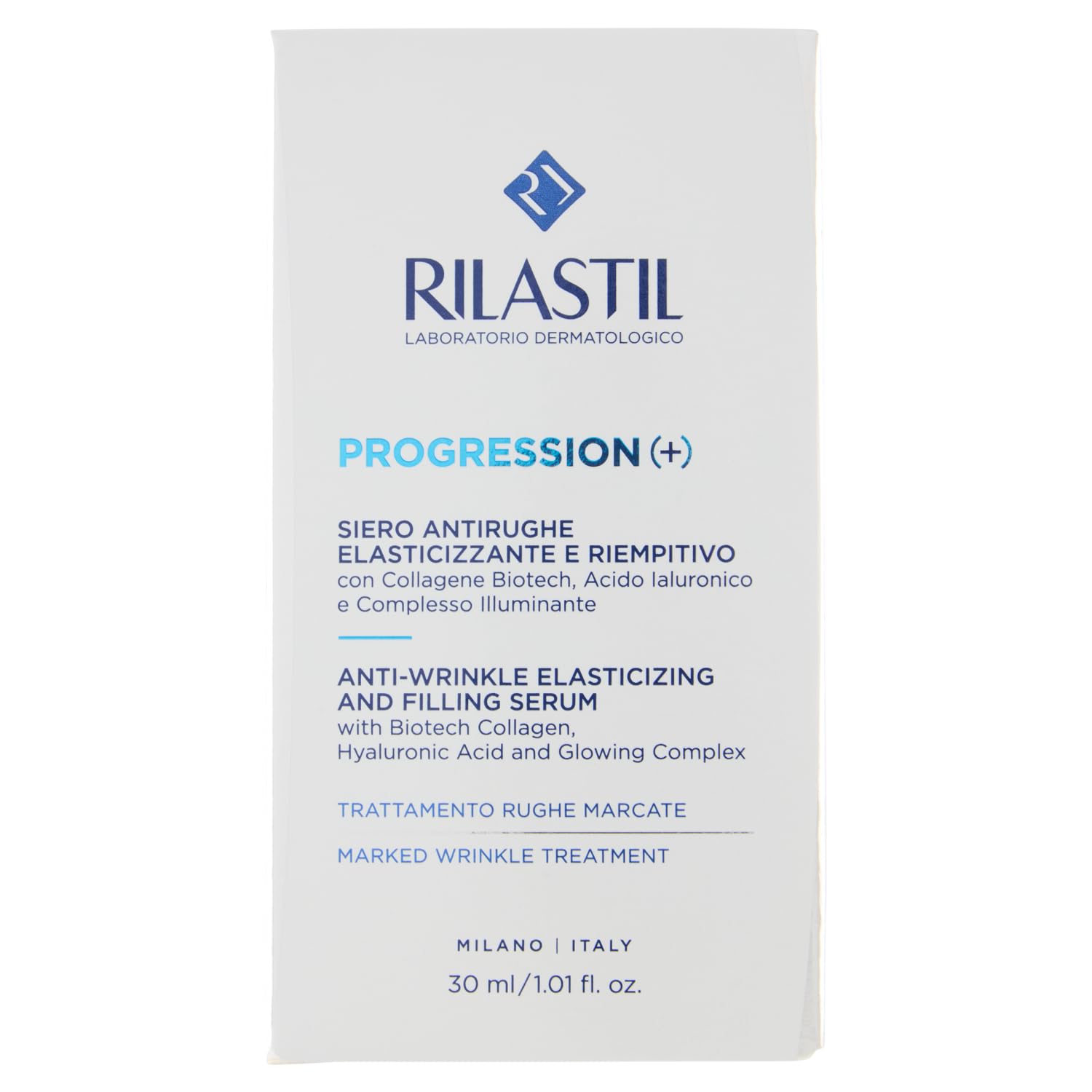 Rilastil Progression(+) Siero Antirughe Elasticizzante e Riempitivo, Trattamento Rughe Marcate, Antiaging, Rimpolpante per Pelli Mature con Collagen, Acido Ialuronico, Confezione da 30 ml