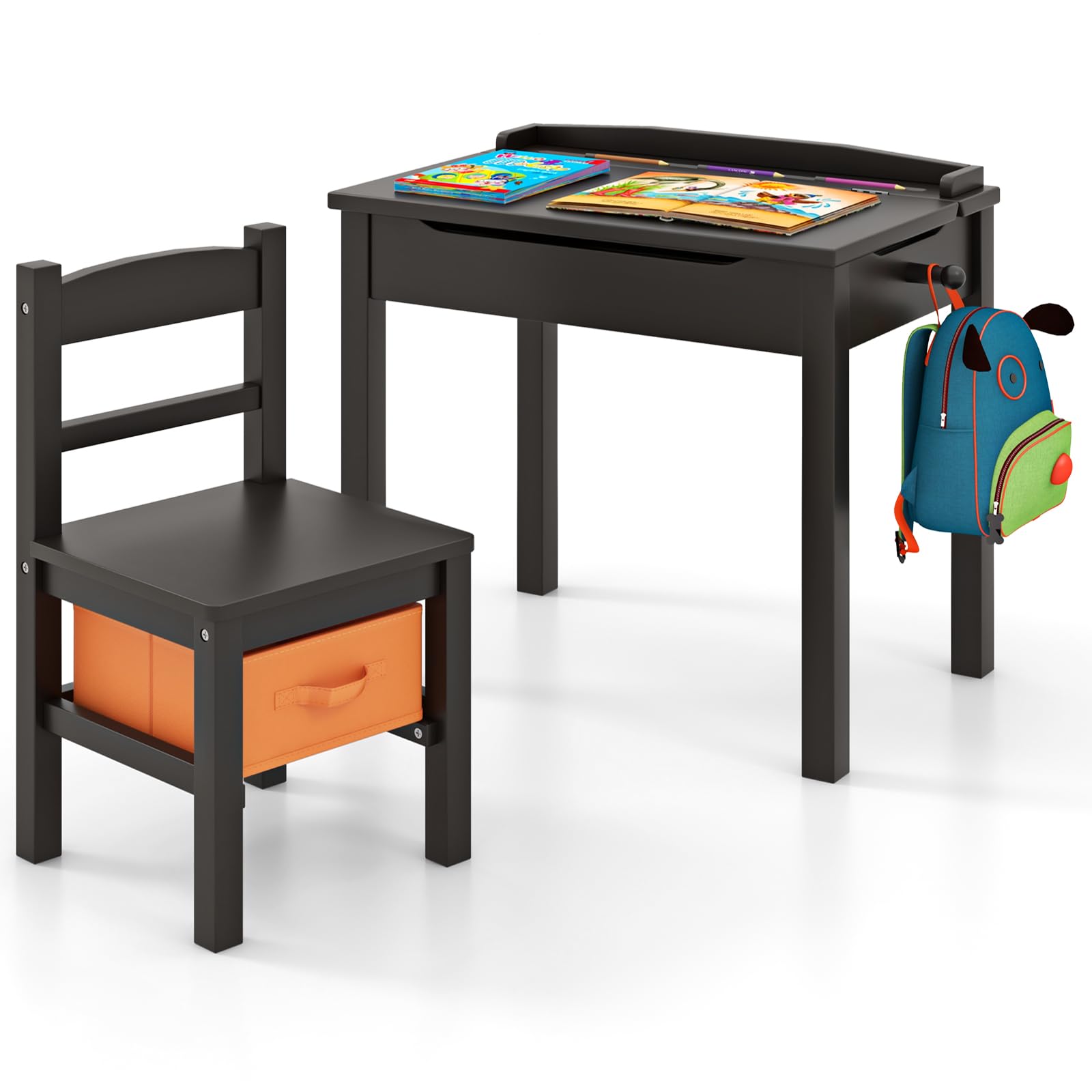 COSTWAY Kindertisch mit Stuhl, Schreibtisch aus Massivholz mit klappbarer Tischplatte, Schublade & Haken, Aktivitätstisch Kindersitzgruppe mit Stauram für Kinder ab 3 Jahren (Mit Box,Braun)