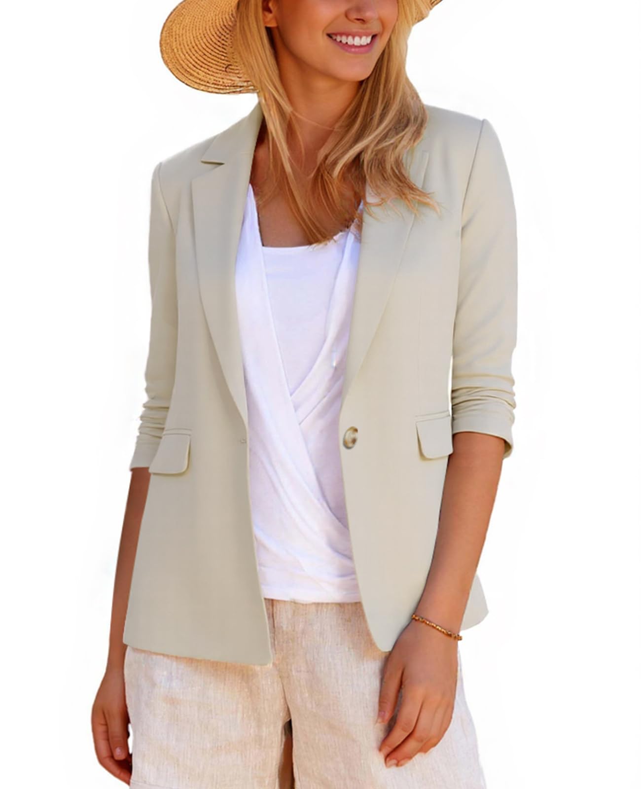 – Long Sleeve Summer Cotton Linen Blazers Notched Lapel Jackets Half Lined Flap Pockets One Button Womens UK Suits & Blazers Outerwear Lightweight Breathable Blazers
