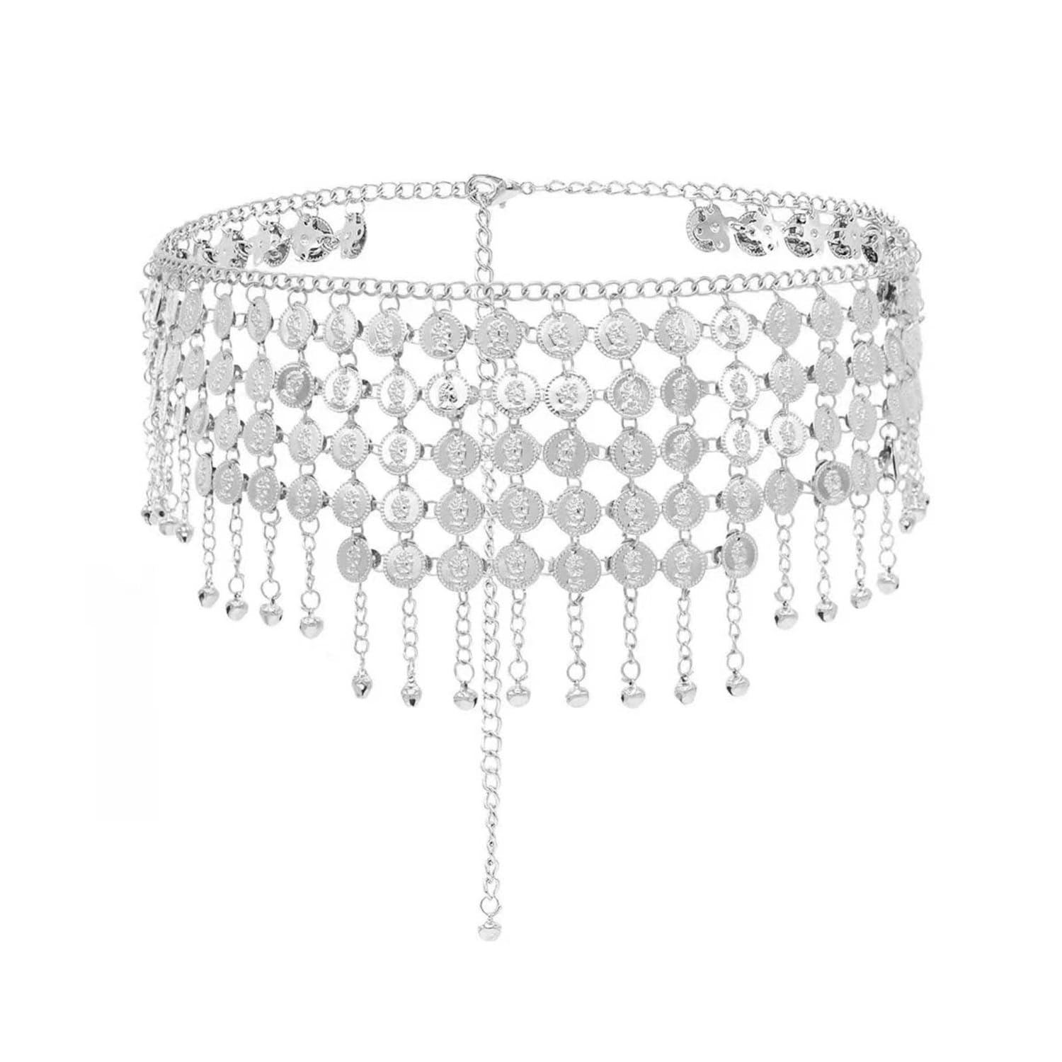 Exotic Design Belly Dance Coin Belt Adjustable Length Metal Coin Waist Chain Bohemian Indian Dance Waist Ornament for Women, Party, Festival, Beach, Silver-image-9