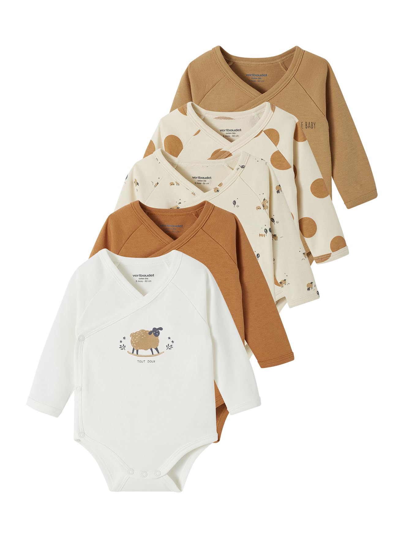VERTBAUDET Lot de 5 bodies ouverture naissance bébé en coton biologique